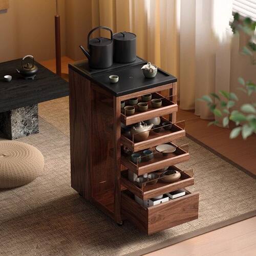光影实木煮茶茶台茶水柜可移动沙发边柜客厅展示柜茶桌