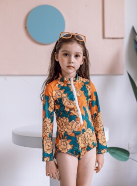 2021新款儿童女童复古印花长袖连体泳衣冲浪服