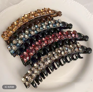 韩国发饰捷克水钻防滑香蕉夹简约气质复古风百搭马尾发夹竖夹10cm