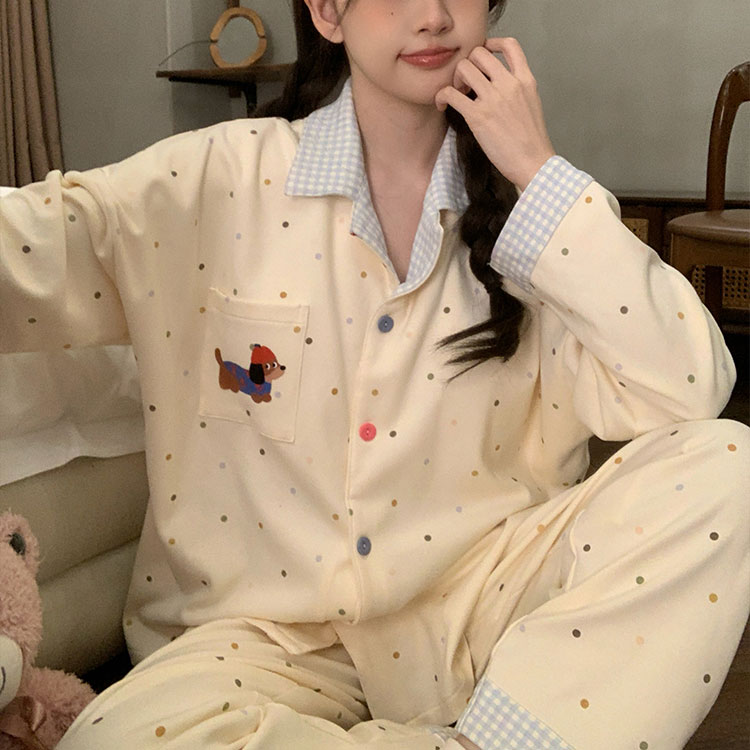 圆点腊肠狗睡衣女春秋季纯棉长袖长裤卡通甜美风学生家居服两件套