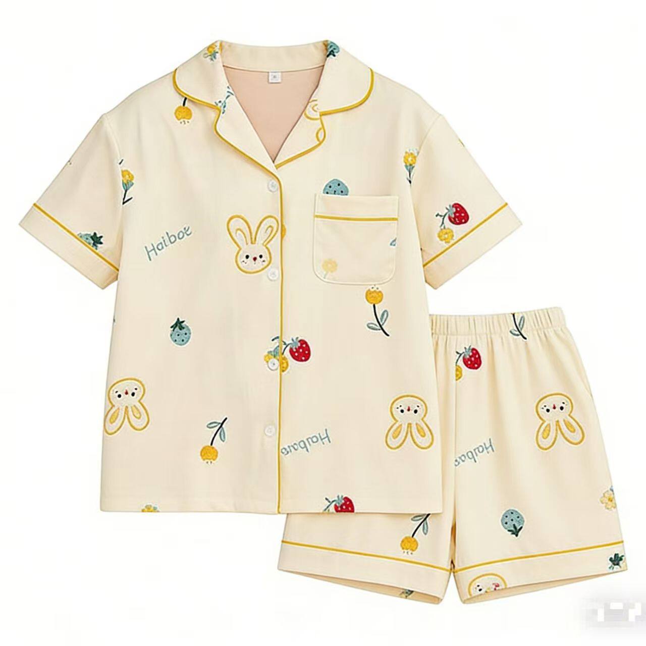 带胸垫纯棉纱布睡衣女款2026新款夏季短袖日系ins兔子三件套夏天