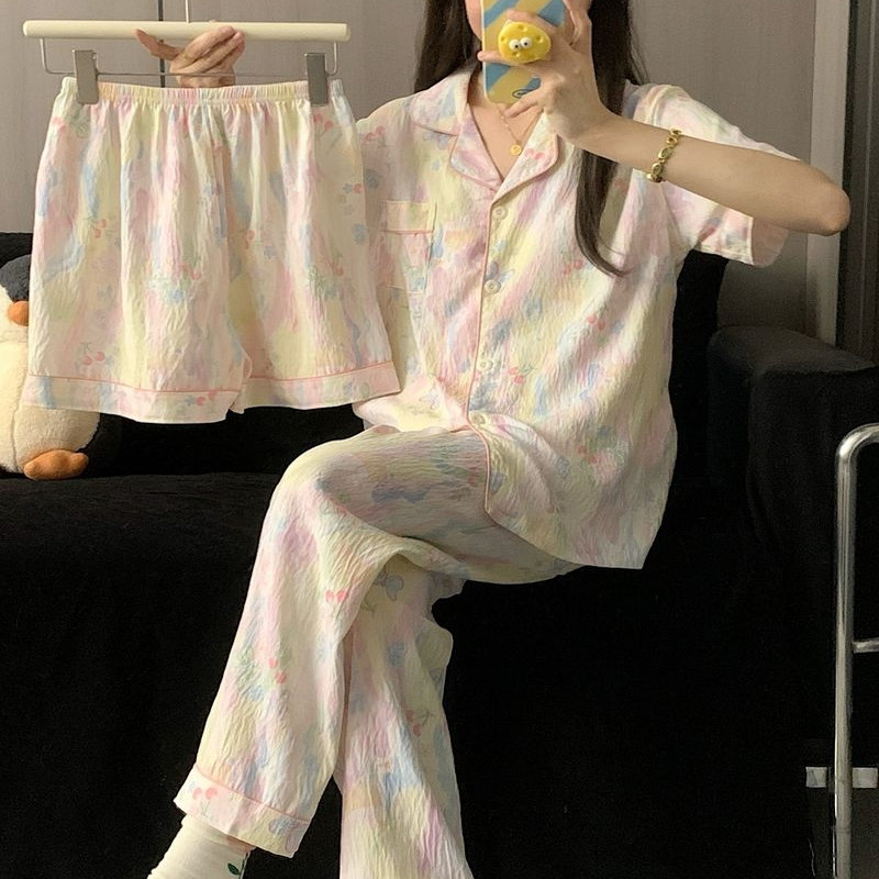 圆点刺绣KT猫三件套装睡衣女款薄夏季纯棉短袖学生开衫棉绸家居服
