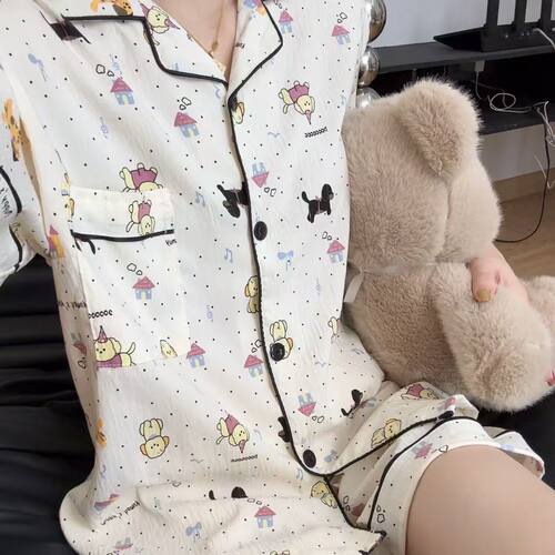 可爱小狗长袖睡衣女款春秋夏季云朵棉短袖长裤三件套装卡通家居服