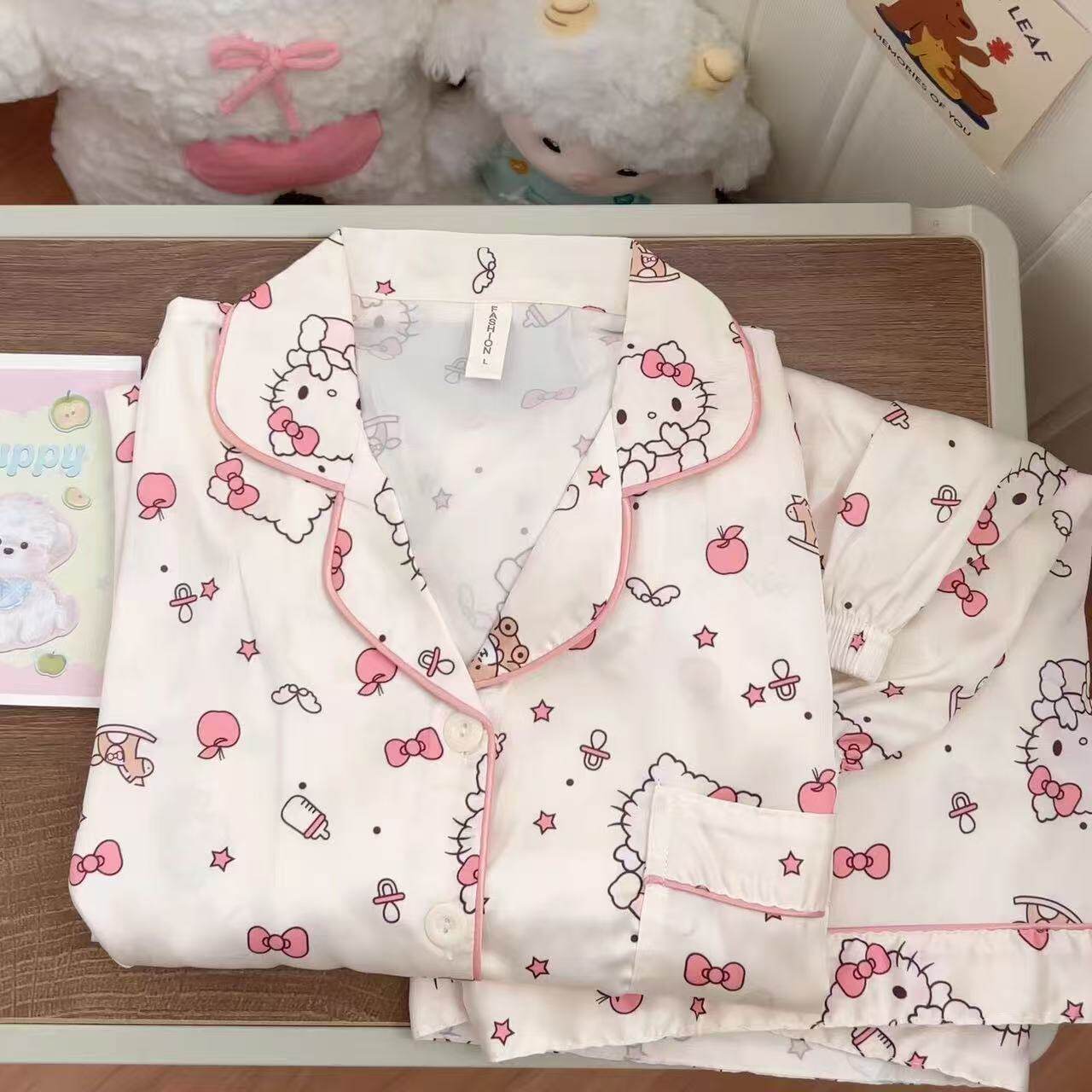 粉色小猫情侣睡衣男女夏季短袖短裤三件套纯棉卡通可爱家居服套装