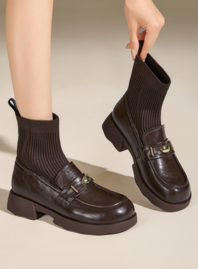 exull/依思Q2025秋冬新款厚底短靴女连袜靴袜靴小皮鞋乐福鞋