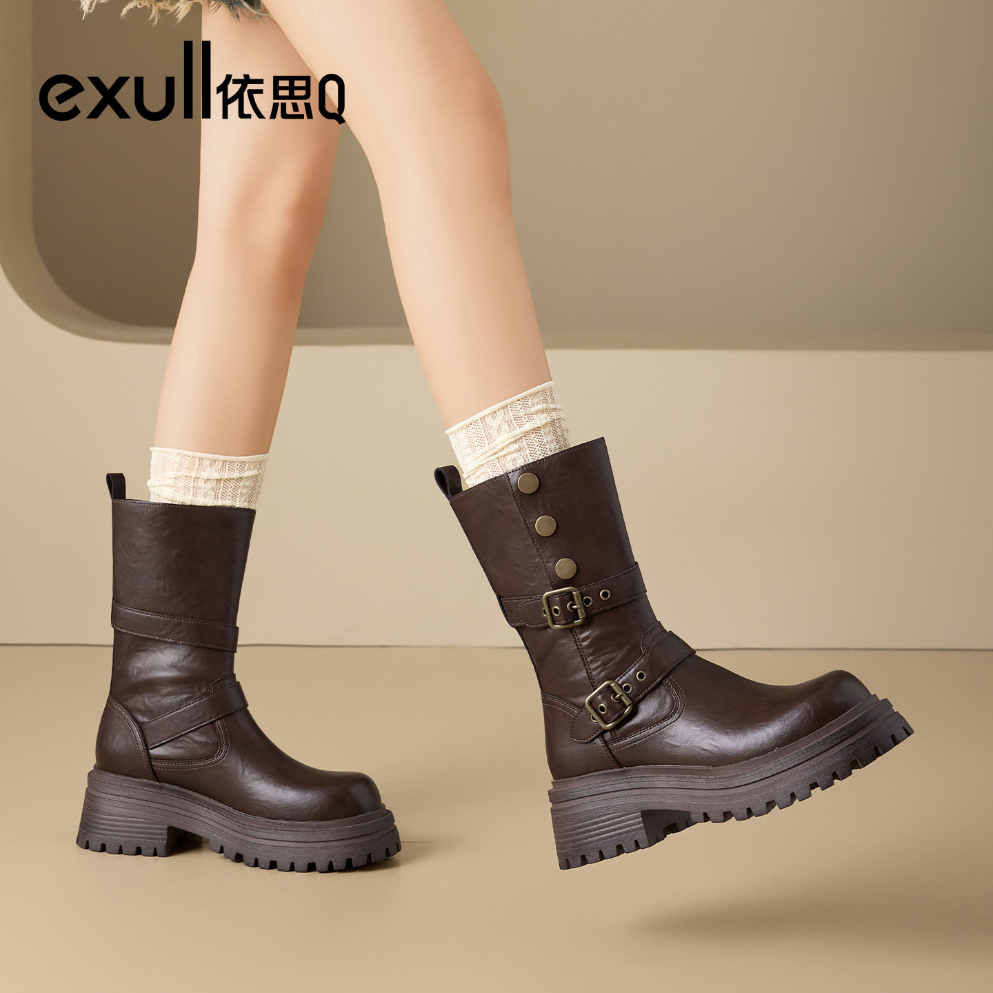 exull/依思Q厚底马丁靴女2025新款秋季西部中筒骑士靴美拉德短靴