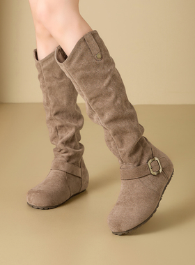 exull/依思Q高筒靴女2025新款秋冬圆头褶皱长靴百搭复古堆堆靴