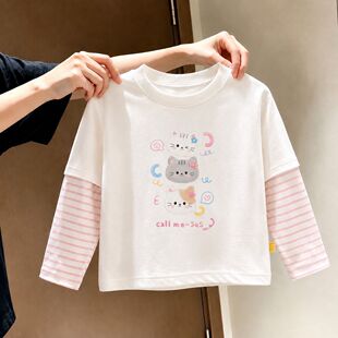 儿童T恤可爱开学休闲打底衫韩版女童春季新款假两件条纹长袖上衣