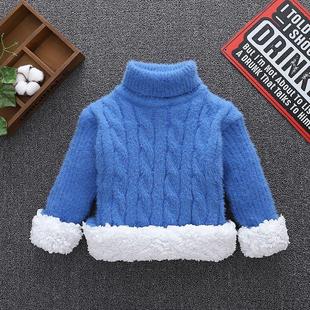 水貂绒麻花打底衫女童毛衣高领男童毛衣圆领加绒加厚不起球弹力衫