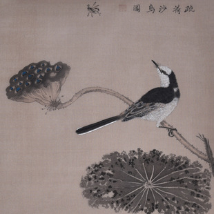 纯手绘国画工笔画字画疏河沙鸟图莲蓬宋画古风书房卧室客厅装 饰画