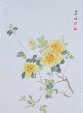 黄玫瑰纯手绘没骨花鸟古典风国画
