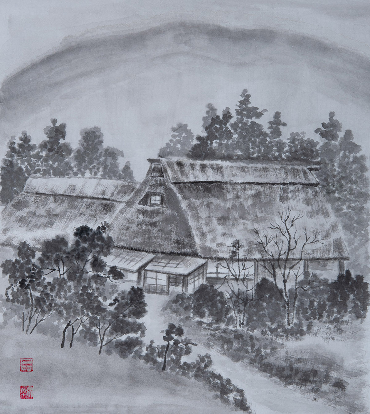 纯手绘国画写意画字画山水画风景茅屋斗方餐厅卧室酒吧文艺装饰画图片