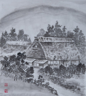 饰画 纯手绘国画写意画字画山水画风景茅屋斗方餐厅卧室酒吧文艺装