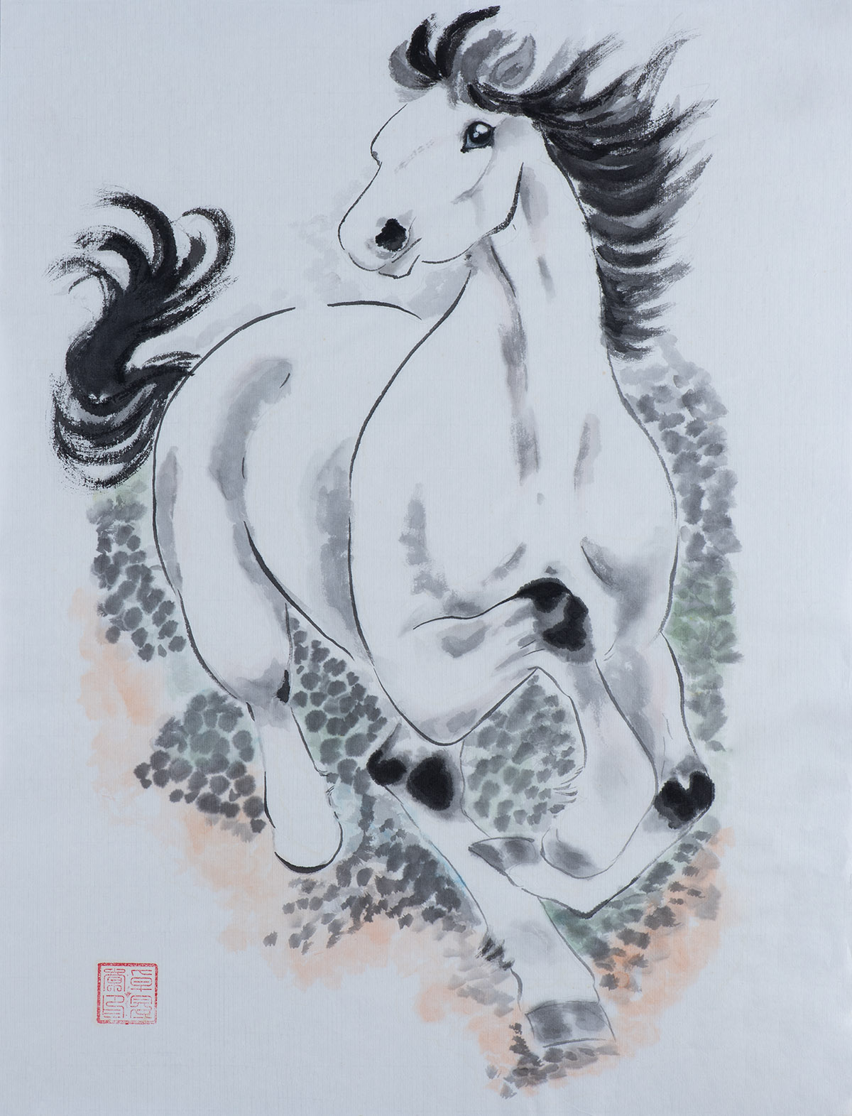 纯手绘国画写意动物画水墨画白骏马字画书房客厅新中式装饰现代图片