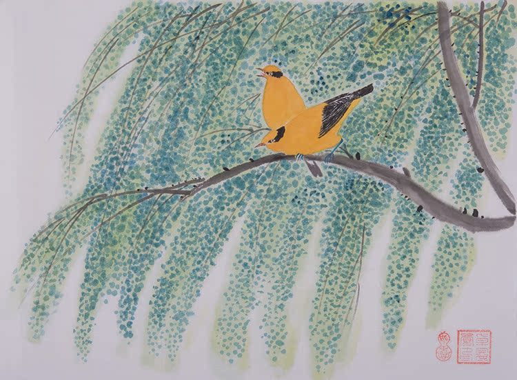 纯手绘真迹国画写意画花鸟水墨画黄鹂鸟柳树字画客厅