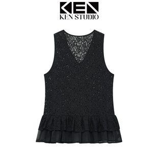 黑色镂空蕾丝背心女辣妹V领设计感宽松显瘦百搭无袖 上衣 新款 夏季