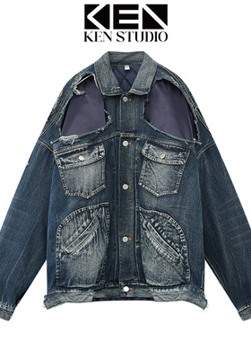 秋冬新款蓝色假两件牛仔棉服女破洞不规则拼接设计感宽松加厚外套