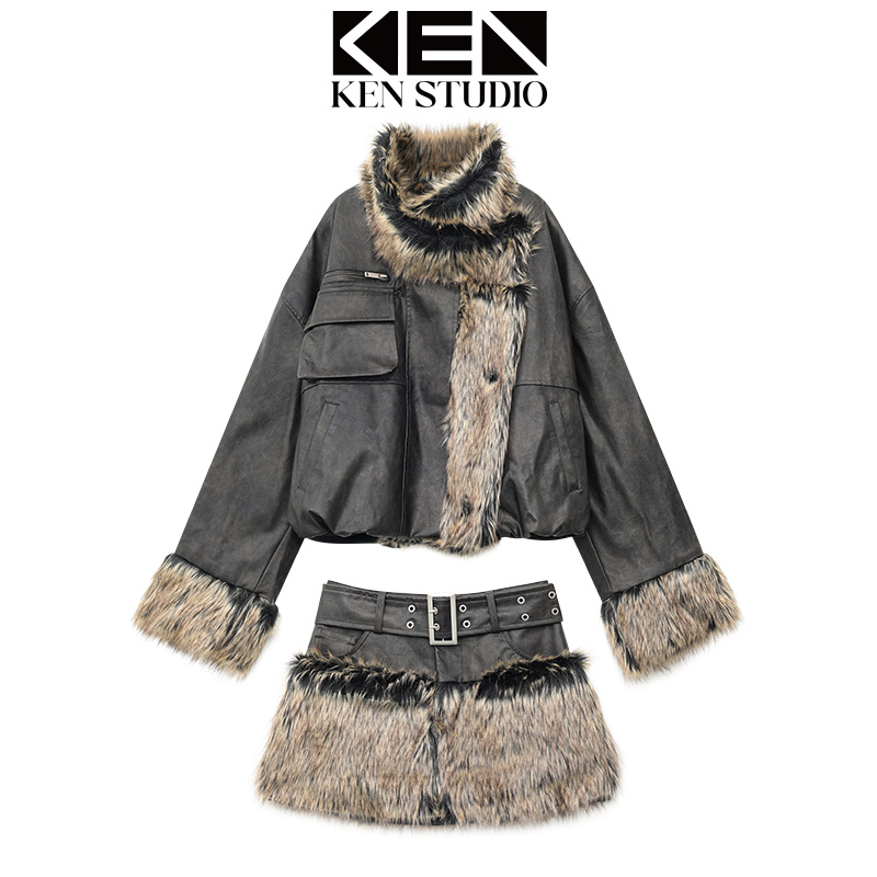 秋冬新款格子皮外套+毛毛短裙两件套女气质加厚保暖外套裙子套装