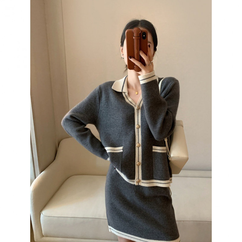 时尚灰色两件套法式撞色长袖针织衫女秋冬季新款中高腰半身裙套装
