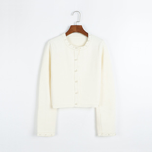女装 开衫 法式 长袖 女 钉珍珠圆领短款 法系S家2026春夏单排扣针织衫