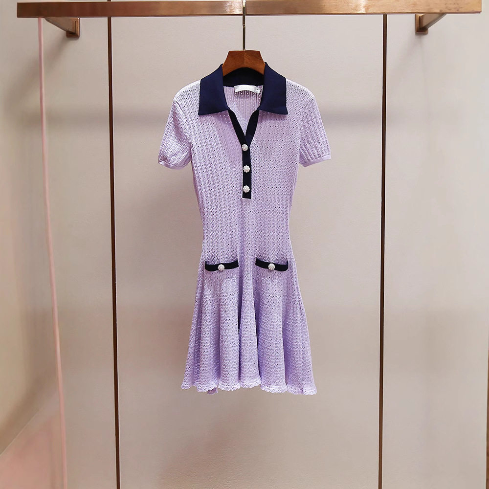 2026夏季新款小香风名媛气质撞色翻领收腰镂空短袖针织A字连衣裙