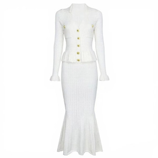 复古温柔风毛衣连衣裙 跨境欧美秋冬新款针织长袖针织V领鱼尾长裙