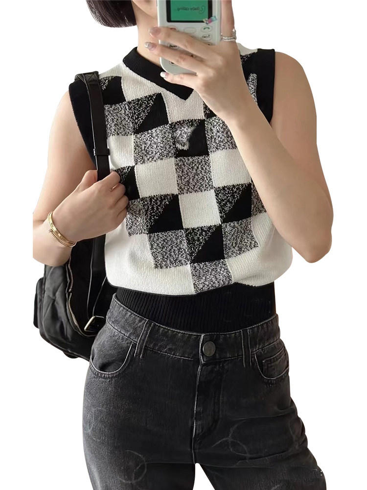 2026春夏新款女士毛衣小香风马赛克V领针织背心无袖套头马甲上衣