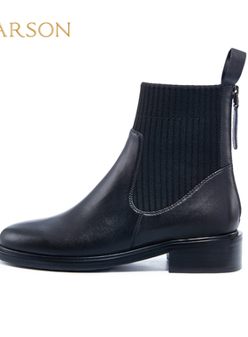哈森冬季新款圆头低跟英伦马丁靴后拉链时尚百搭短靴HA226601