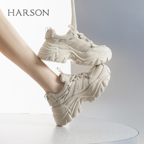 哈森休闲厚底增高圆头老爹鞋拼接