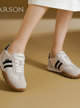 哈森2025新款春秋季真皮德训鞋女平底休闲运动板鞋HWCS250130