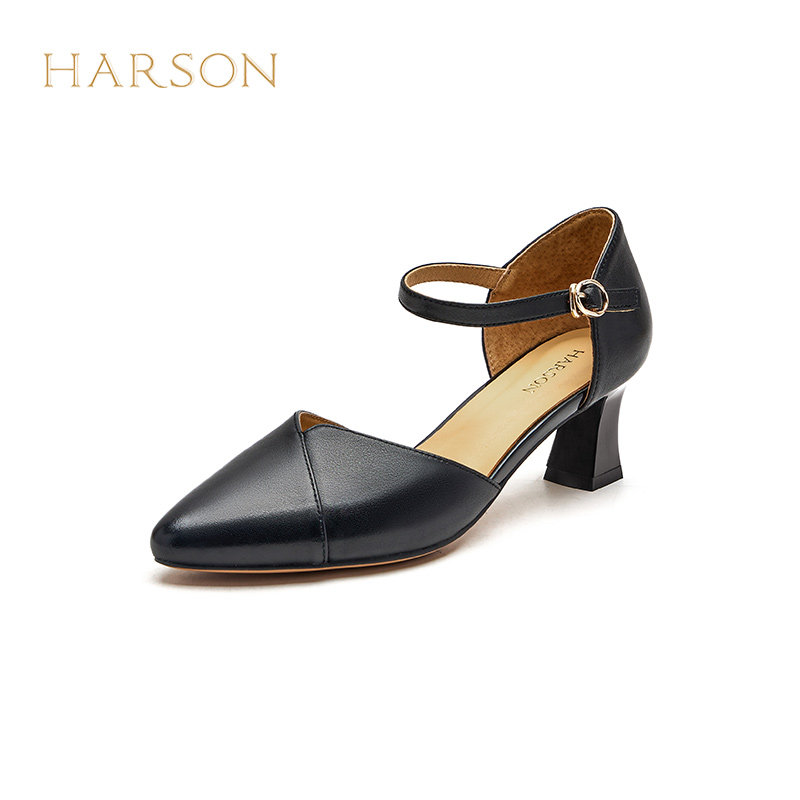 哈森女鞋夏季真皮绑带单鞋女粗跟优雅中空尖头凉鞋HWM240199