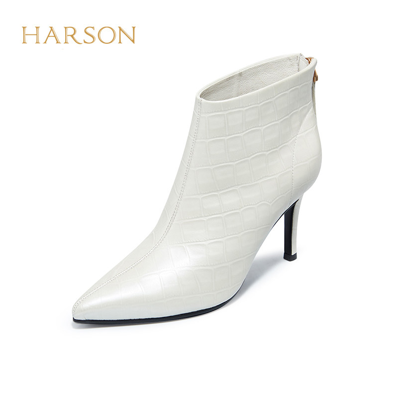 哈森尖头细高跟踝靴女秋季单靴压花纹气质时装短靴牛皮靴HA226018