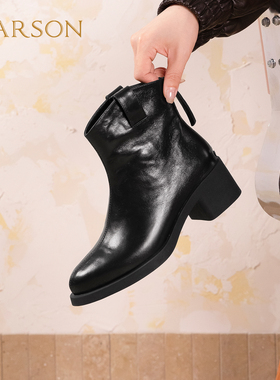 哈森圆头粗跟短靴女士秋冬黑色显瘦气质百搭通勤时装靴 HWA250201