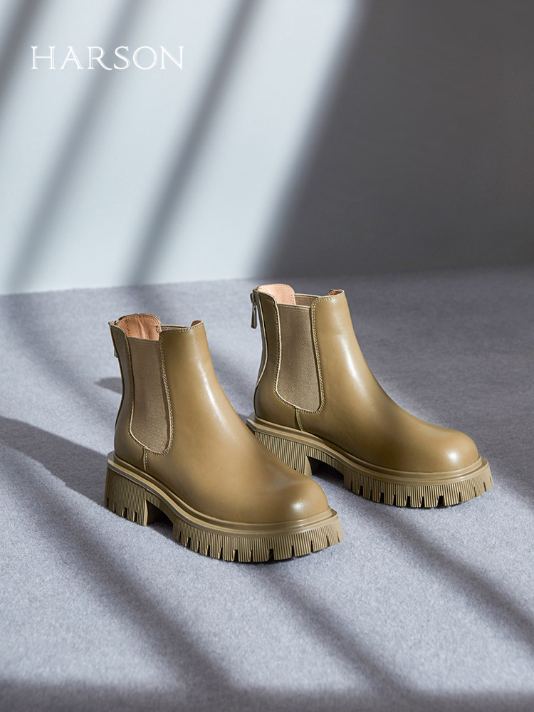 HAZEN 겨울 부츠 클리어런스 몰 숏 부츠 솔리드 컬러 라운드 발가락 여성용 첼시 굴뚝 부츠 플러스 벨벳 HA221712