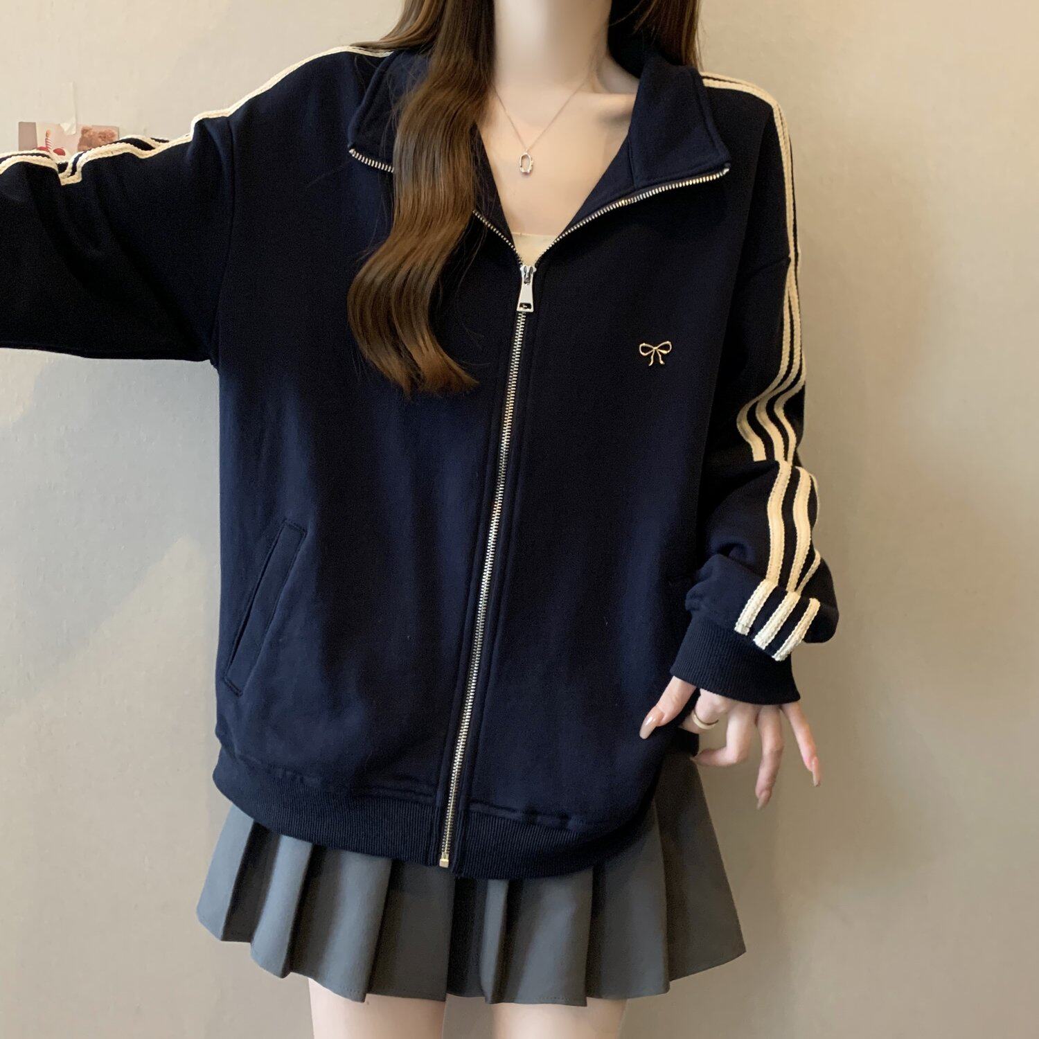 300斤大码女装胖mm长袖上衣秋冬立领卫衣宽松时尚设计感开衫外套2