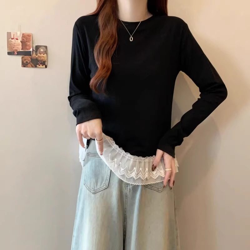 300斤大码女装蕾丝宽松德绒T恤设计感显瘦秋季韩版百搭长袖打底衫