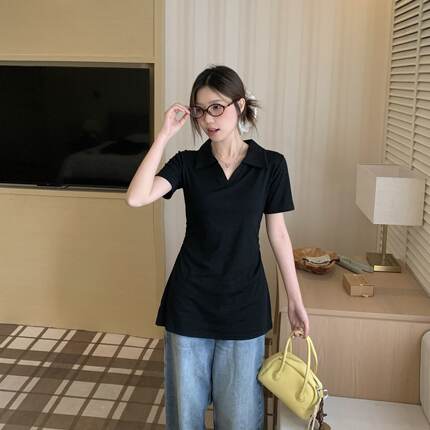 300斤胖mm大码女装正肩POLO领设计感收腰夏季新款显瘦遮肚短袖T恤