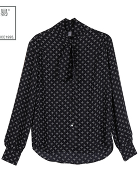 宝路易梭织黑色女衬上衣修身长袖弹力韩版波点围巾领扣纽女士衬衫