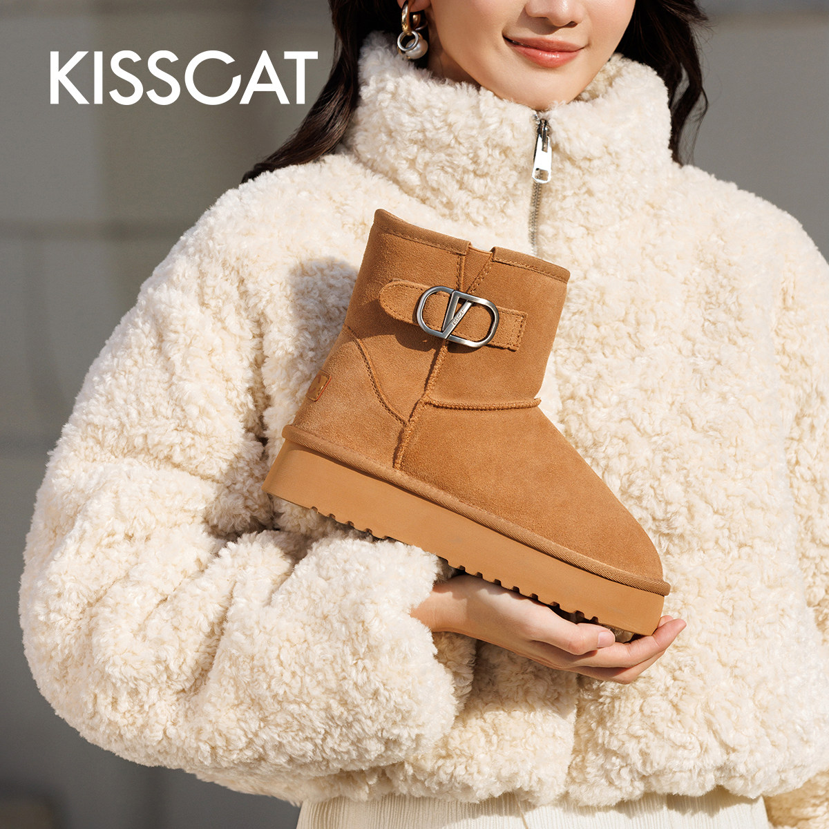 KISSCAT接吻猫冬季厚底羊皮毛一体雪地靴女加绒加厚保暖户外冬靴