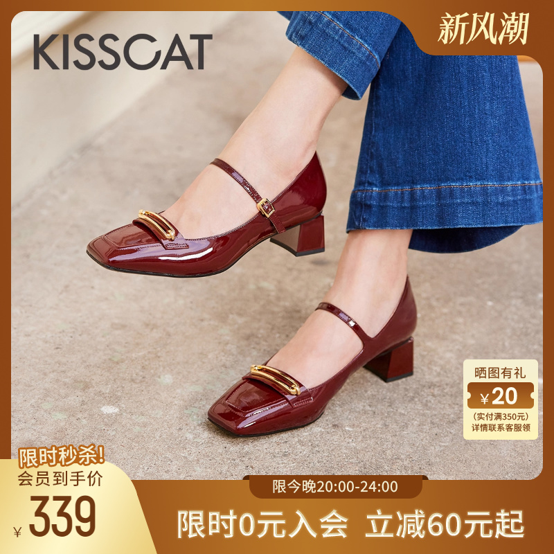 接吻猫玛丽珍鞋方头粗跟复古