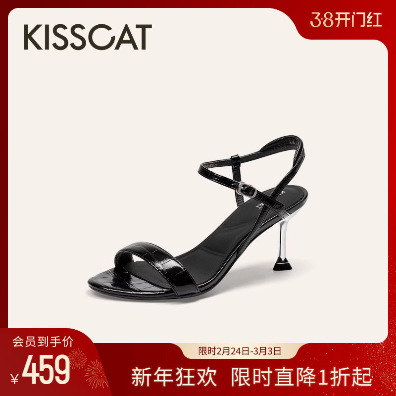 KISSCAT接吻猫[都市霓虹]黑色一字带高跟鞋女夏季真皮尖头凉鞋女