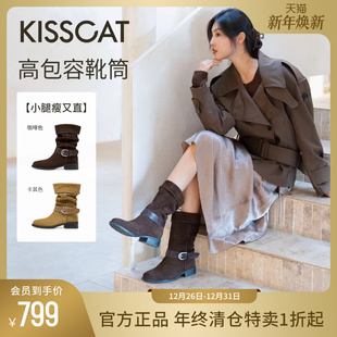 时光诗人 接吻猫 游牧风堆堆靴女复古美拉德西部牛仔靴女 舒心