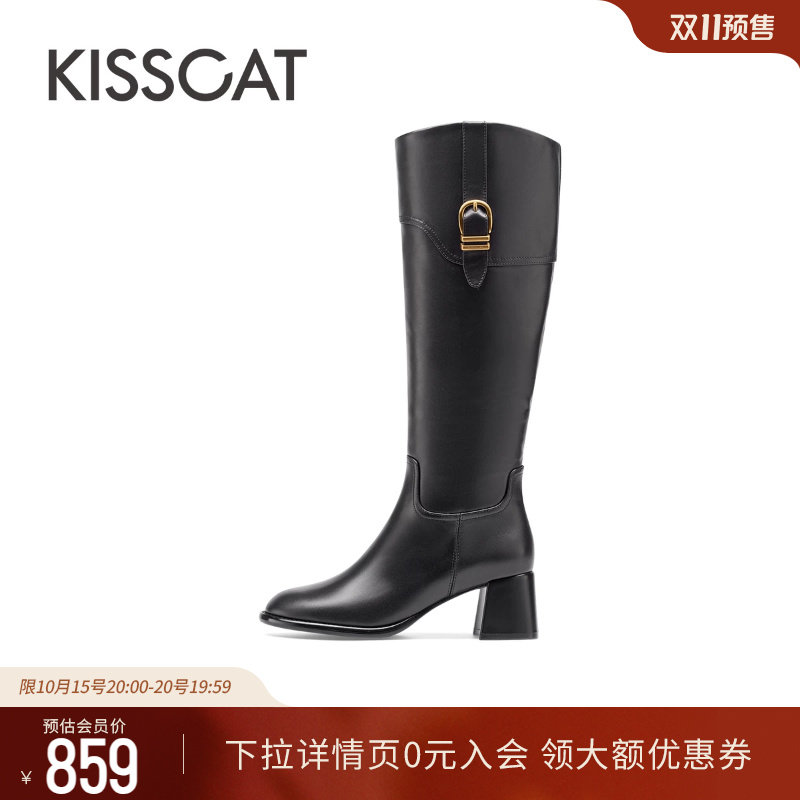 KISSCAT接吻猫秋新款真皮复古长筒骑士靴女粗高跟时装靴女士长靴 靴形实拍商品图