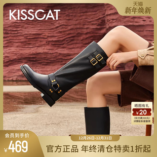 接吻猫秋季 气质真皮长筒西部靴美拉德复古加绒骑士靴女 新款