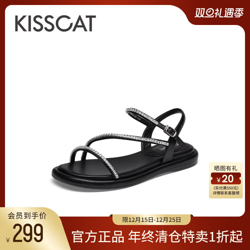 KISSCAT接吻猫夏季新款法式一字带时装凉鞋平底休闲鞋罗马凉鞋女