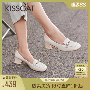 KISSCAT接吻猫春季复古粗跟方头乐福鞋通勤黑色小皮鞋时尚单鞋女