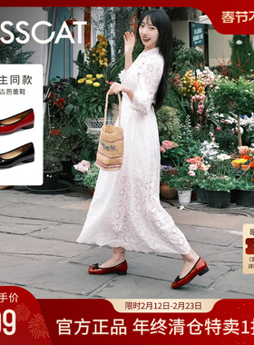 KISSCAT接吻猫复古单鞋蝴蝶结平底鞋真皮方头红色芭蕾舞鞋女外穿