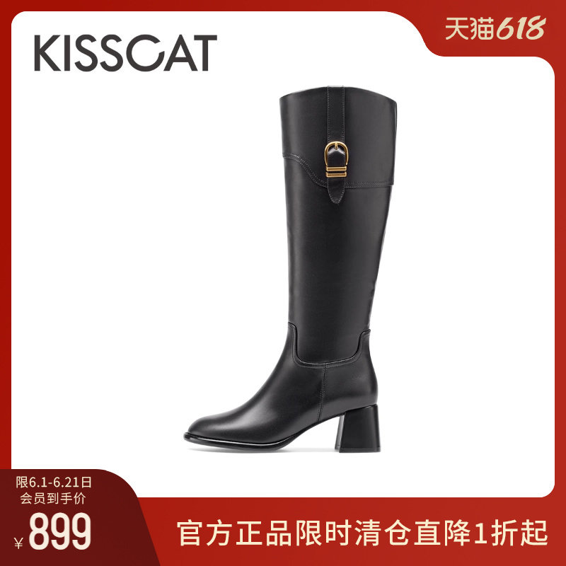KISSCAT接吻猫秋新款真皮复古长筒骑士靴女粗高跟时装靴女士长靴