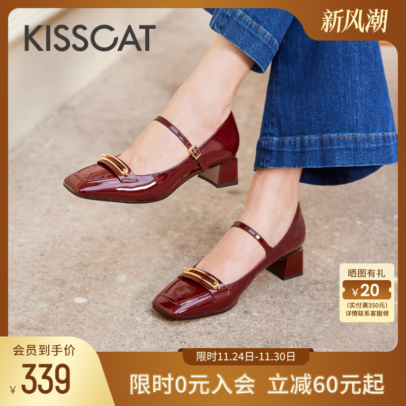 接吻猫玛丽珍鞋方头粗跟复古