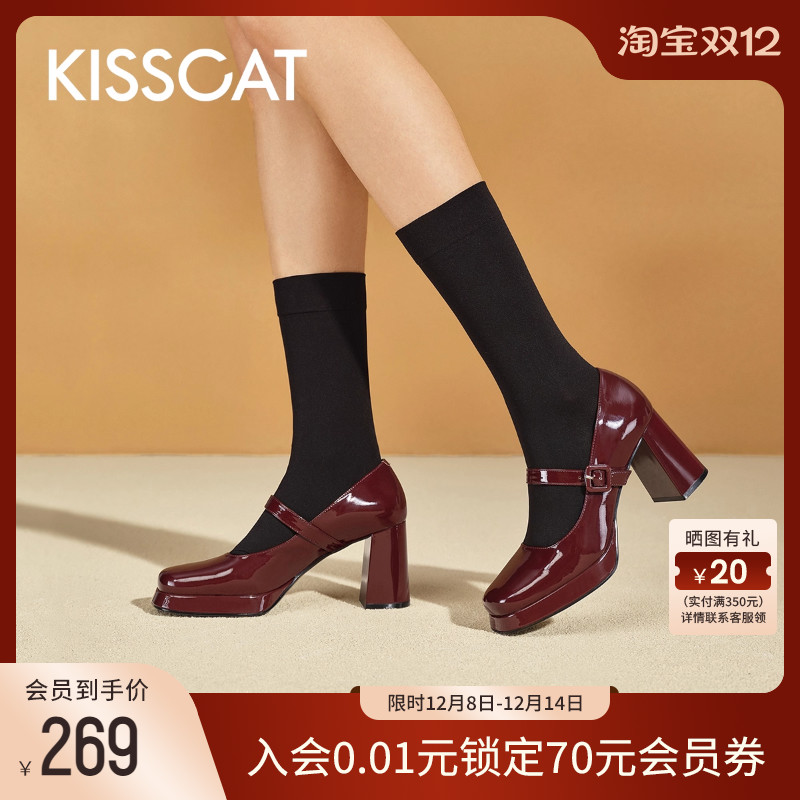 接吻猫秋季新款复古学院风厚水台高跟鞋真皮玛丽珍圆头粗跟单鞋女